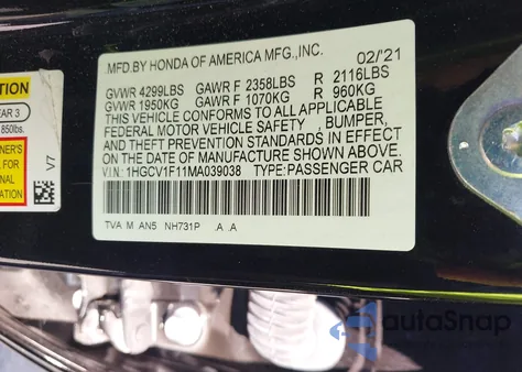 2021 Honda Accord Lx from USA, damaged, VIN 1HGCV1F11MA039038